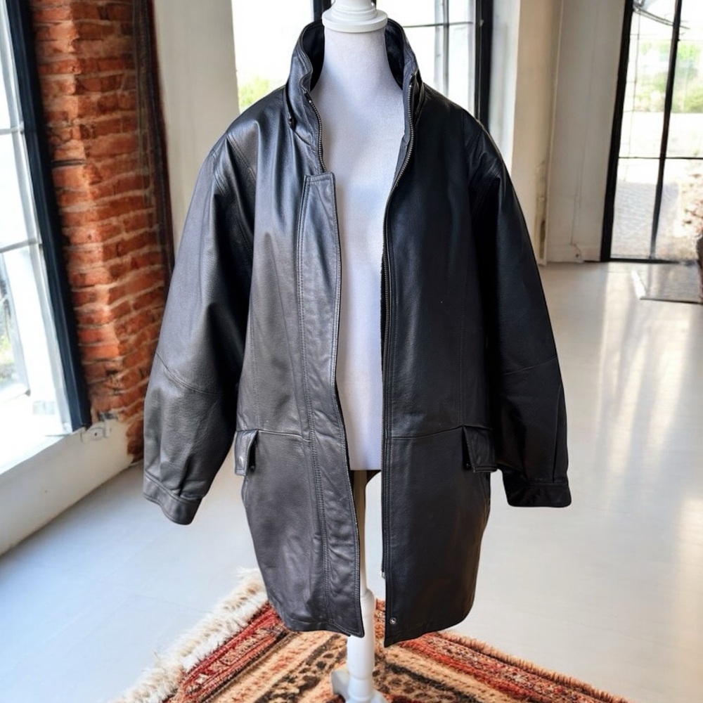 Vintage Croft & Barrow Black Leather Funnelneck Jacket Faux Fur Lining Sz 1X